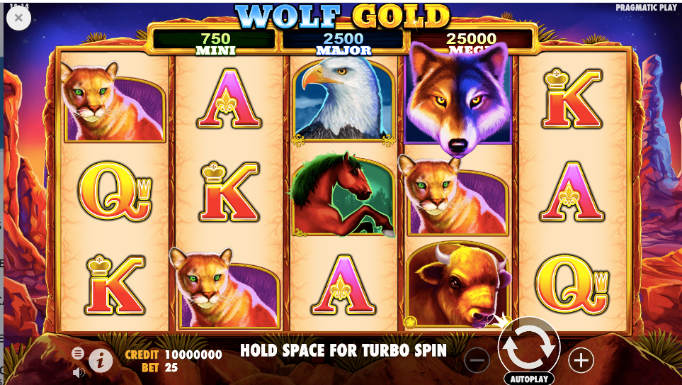 Spieloberfl&auml;che des Wolf Gold Slots mit Tier-Symbolen